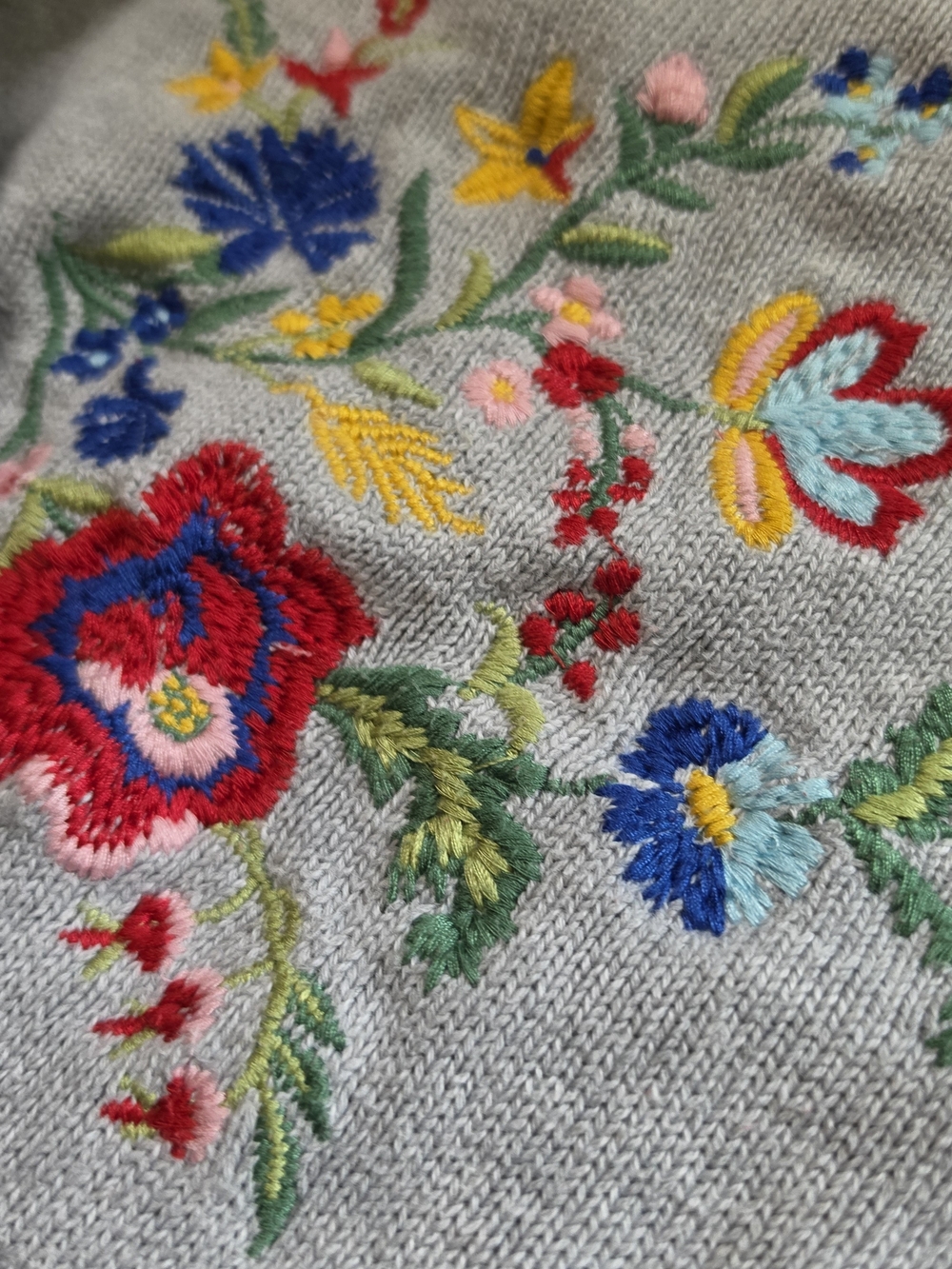 Woman Within Light Gray Crewneck Sweater with Multicolor Floral Embroidery - Picture 2 of 3